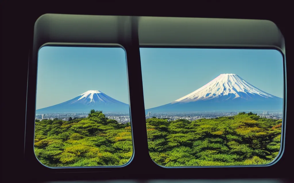 Prompt: a photo of mount fuji, among beautiful japanese landscapes, seen from a window of a train. dramatic lighting.