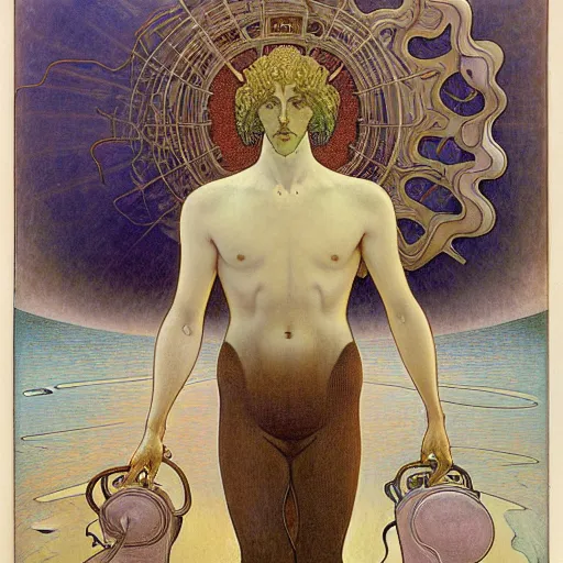 Image similar to an average man with his briefcase in his left hand by Jean Delville, Amano and Yves Tanguy and Alphonse Mucha and Ernst Haeckel and Edward Robert Hughes and Roger Dean, pale muted pastel moody colors, gold eyes
