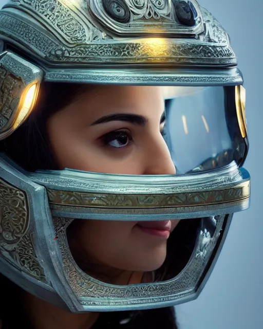 Prompt: centered medium shot fine studio photograph of a beautiful persian girl wearing a zoroastrian mecha electronic helmet with led lights, ultra-realistic, white background, 8k HDR morning light, intricate detail