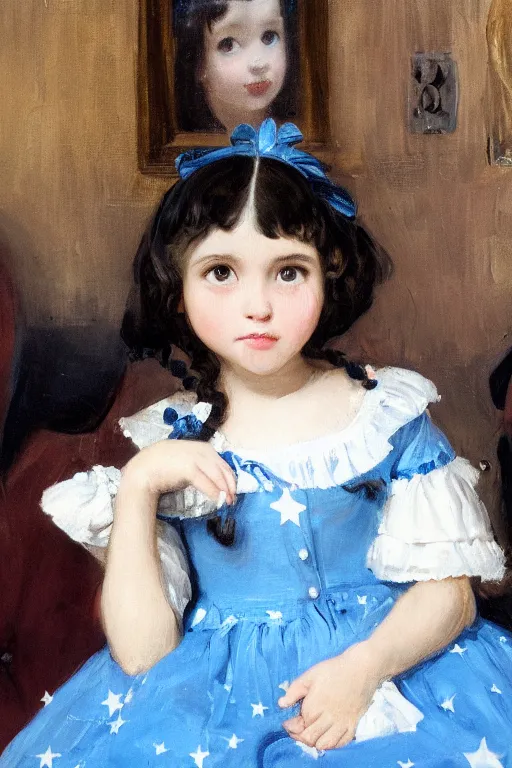 Image similar to a realistic portrait of black - haired little girl in a blue lolita dress with stars and petticoat sitting on the subway by eugene delacroix, detailed eyes, 4 k resolution