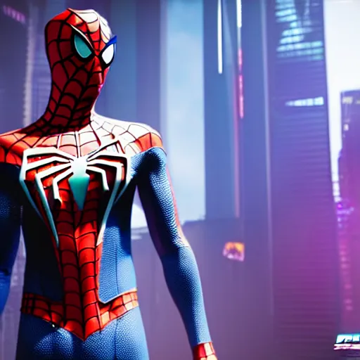 Prompt: futuristic spiderman ps 4 suit in cyberpunk 2 0 7 7, cyberpunk style spiderman, fantasy, d & d, elegant