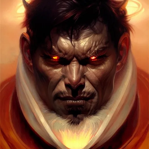 Image similar to face portrait of angry male demon, realistic, high qulity, 4 k, sharp fucos, tranding on art station, illustration, art by artgerm and greg rutkowski and alphonse mucha