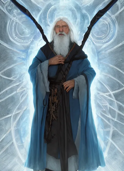 Prompt: medium - length portrait of a male wizard wreathed in arcane sigils with long white hair and glowing blue eyes, long white beard, dark brown skin, stern expression, wears a long robe, medieval setting, highly detailed, digital painting, artstation, concept art, sharp focus, illustration, art by greg rutkowski and alphonse mucha