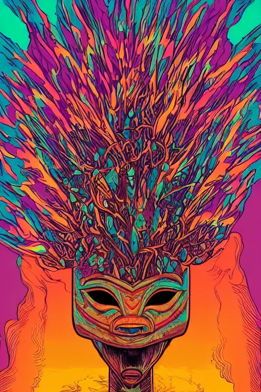 Image similar to animal mask totem roots tribal feather gemstone plant wood rock shaman vodoo video game vector illustration vivid multicolor borderlands comics by josan gonzales and dan mumford radiating a glowing aura