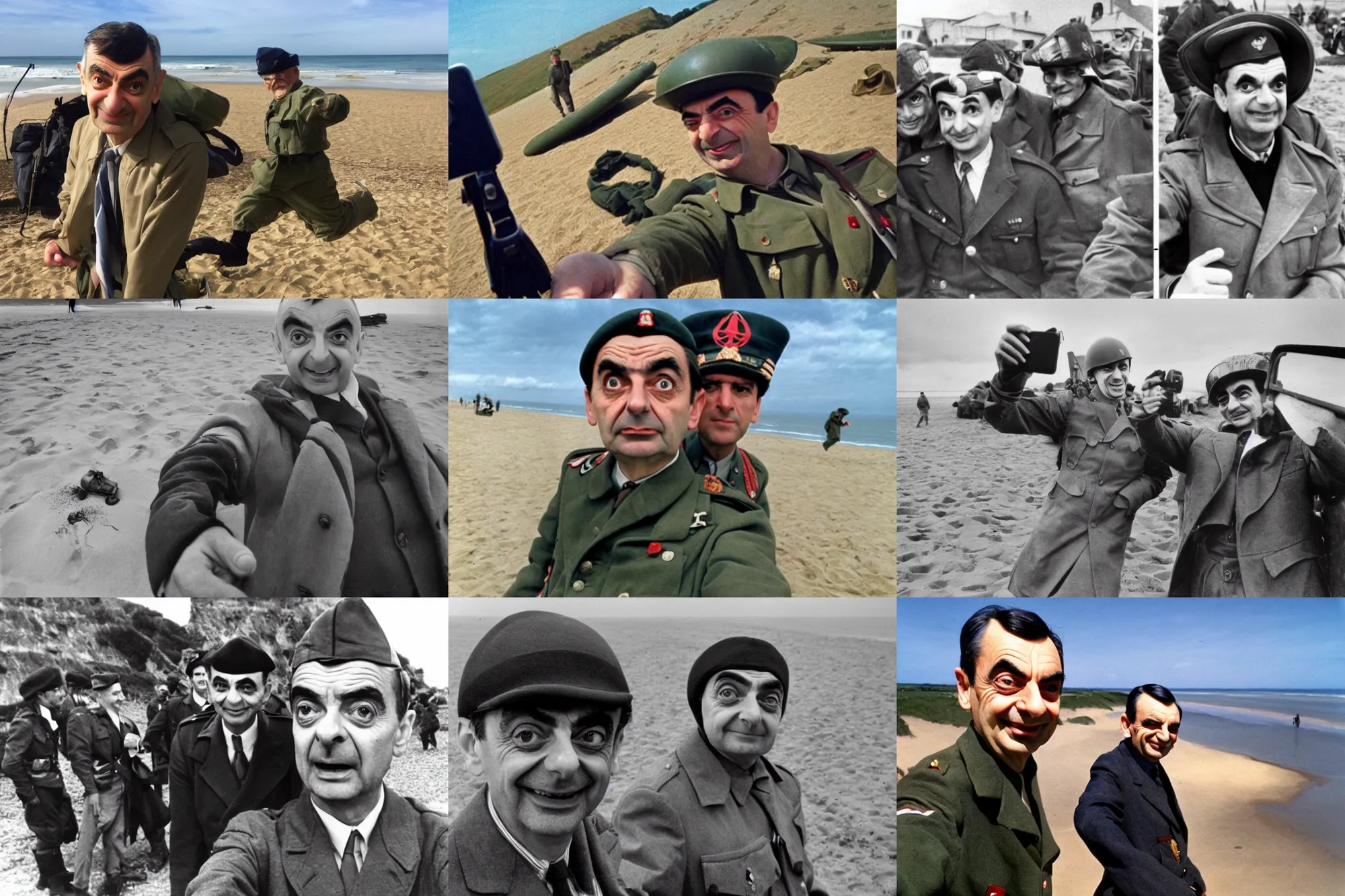 Prompt: Mr. Bean, selfie, Omaha beach, WW2