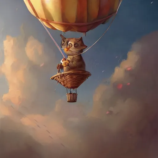 Image similar to a cute cat flying an air balloon , matte fantasy painting, DeviantArt Artstation, by Jason Felix by Steve Argyle by Tyler Jacobson by Peter Mohrbacher