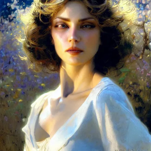 Prompt: detailed cinematic wide shot of beautiful attractive woman slim face symettrical face clean skin blue eyes white hair, ultra realistic, spring light, painting by gaston bussiere, craig mullins, j. c. leyendecker