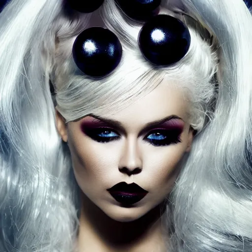 Image similar to modeling photograph kerli koiv in latex bikini, blonde, beautiful, dark, mysterious, bubble goth makup, detailed symmetrical face, dramatic darkroom lighting high exposure