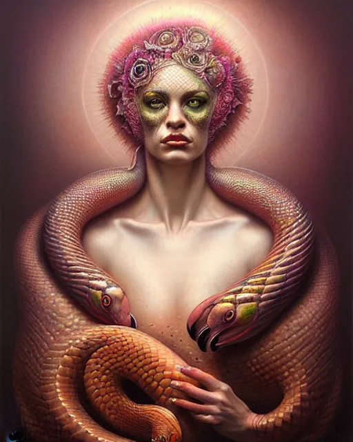 Image similar to a detailed portrait of dreampunk flamingo python hybrid mix beautiful! goddess by tomasz alen kopera and peter mohrbacher