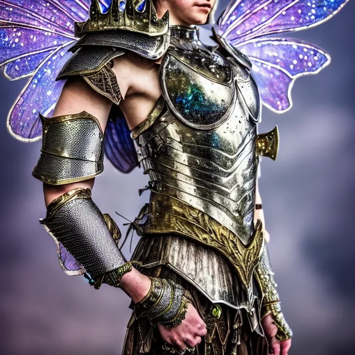 Prompt: full length photo of a fairy warrior wearing sparkling armour, highly detailed, 4 k, hdr, smooth, sharp focus, high resolution, award - winning photo
