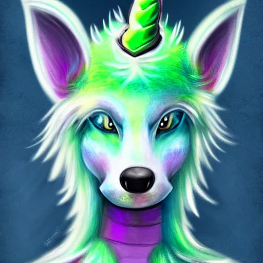 Prompt: Beautiful digital painting of an anthro anthropomorphic pastel-green unicorn-wolf hybrid, Punk outfit.