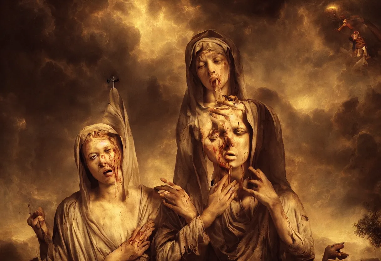 Prompt: holy mary cries blood from her eyes, ominous apocalyptic background, hyperrealism, realistic, dramatic lighting, octane render, highly detailed, cinematic lighting, cinematic, art by rubens and rutkowski and rembrandt