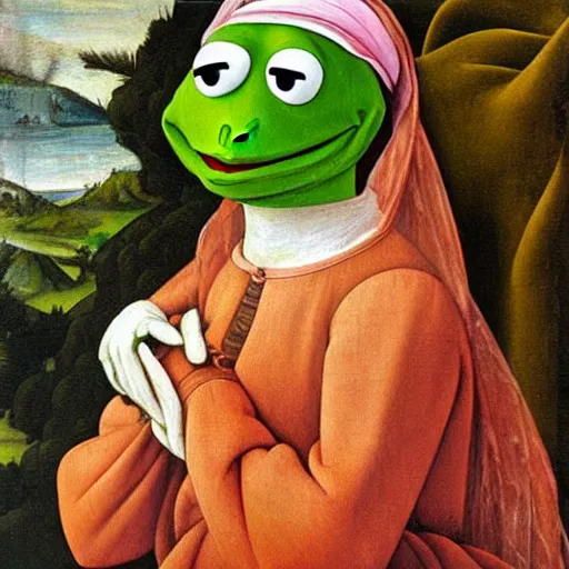 Image similar to terrified kermit the frog, oil painting, botticelli, raphael, vermeer