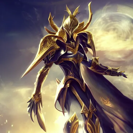 Image similar to cinematic, hyperdetailed elegant beautiful stunning league of legends azir armor fanart gold armored bird wings regal gold sunray shaped crown, warframe, destiny, octane