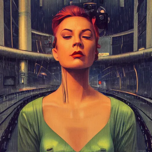 Image similar to detailed face of a woman, clockwork, moment, tectonic sky, skydome, bullet train, turbines, utopian, tech noir, wet reflections, prism, atmospheric, ambient, pj crook, syd mead, livia prima, greg rutkowski, edward hopper