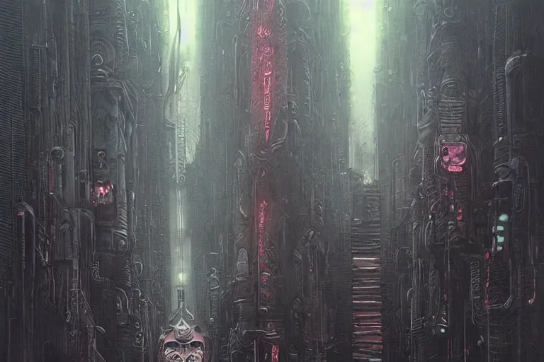 Image similar to highly detailed concept art of blade runner characters, dystopian post - apocalyptic retrofuturistic neon vibe, an ultrafine detailed painting by hans giger and wayne barlowe, trending on deviantart, pop surrealism, whimsical, lowbrow, perfect symmetrical face, sharp focus, octane, masterpiece