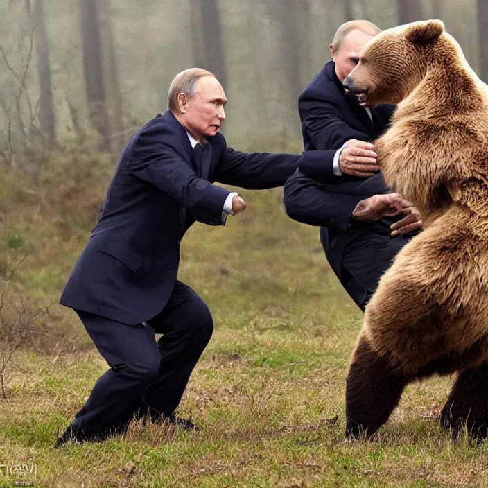 Prompt: russian president vladimir putin fighting with bear, 8 k, post - processing, extremely hyper - detailed, epic composition, masterpiece, stunning