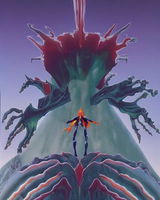 Image similar to evangelion by roger dean, by julie bell, 4 k, hyper detailed