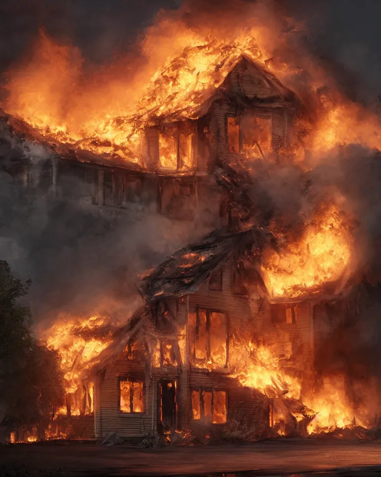 Prompt: a beautiful hyperrealistic ultradetailed 3D render of a burning house, by brian sum and stephan martiniere and pixar and Toya Ito, unreal engine, octane render, gigantic, 3D, brilliantly coloured, intricate, ultra wide angle, trending on artstation, embers, smoke, dust, dusk, volumetric lighting, HDR, polished, micro details, ray tracing, 8k