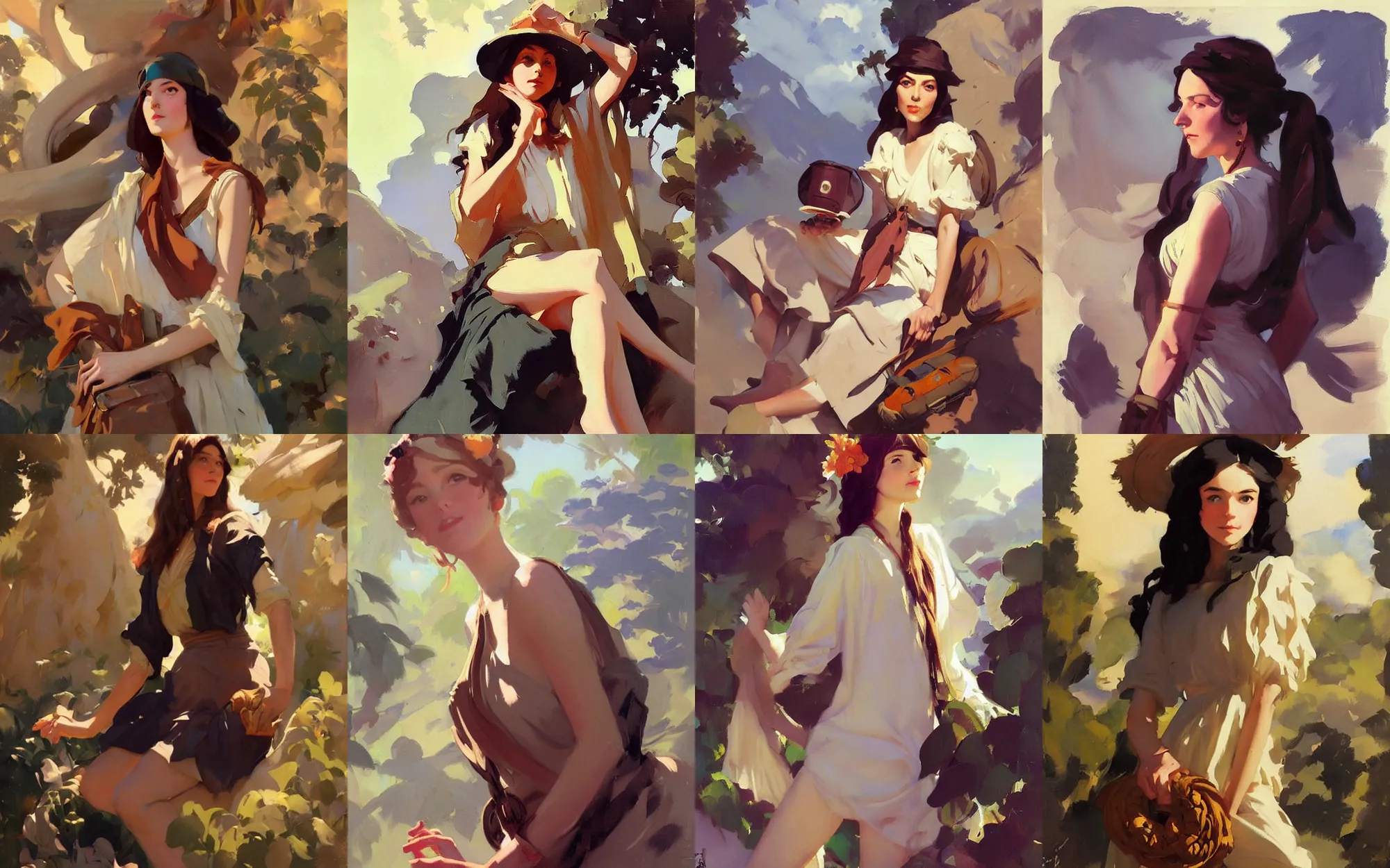 Image similar to portrait of vintage hippie girl traveler greg manchess painting by sargent and leyendecker, studio ghibli, fantasy, medium shot, asymmetrical, intricate, elegant, matte painting, illustration, hearthstone, by greg rutkowski, by greg tocchini, by james gilleard, by joe fenton