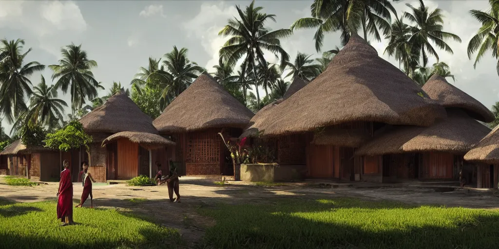 Image similar to kerala village with thatched houses designed by zaha hadid, sharp focus, wide shot, trending on artstation, masterpiece, by greg rutkowski, by ross tran, by fenghua zhong, octane, soft render, ultrarealistic, colorful, cinematic