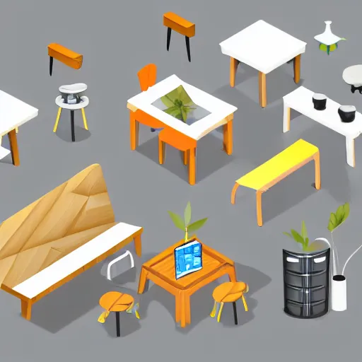 Image similar to isometric cartoon of funky recreational cannabis cafe area, coffee machine, aluminum sheen, wooden furniture, people drinking coffee and smoking cannabis, only 2 tables chairs, 4 cannabis pots, by benoit mandelbrot, low poly cute minimal interior design concept art illustrated by anni albers