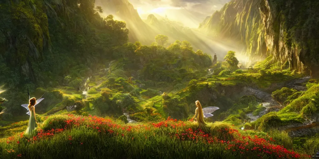 Image similar to an elegant winged fairy in the lord of the rings scenery landscape, looking out at a vast lush valley flowers and homes made of mushrooms, stream, sunrise, god's rays highly detailed, vivid color, cinematic lighting, perfect composition, 8 k, gustave dore, derek zabrocki, greg rutkowski, belsinski, octane render