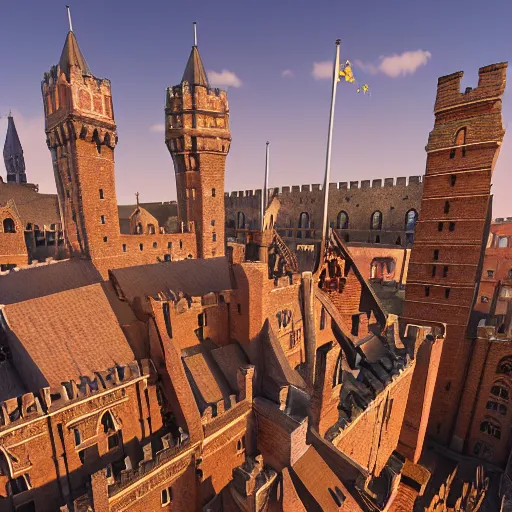 Image similar to Aerial long shot of epic medieval city of epic stone-brick buildings with european arched doorways, crenellated balconies, wood ornaments, flagpoles, tiny ornate windows, planned by Syd Mead, Arnold Render, Quixel Megascans