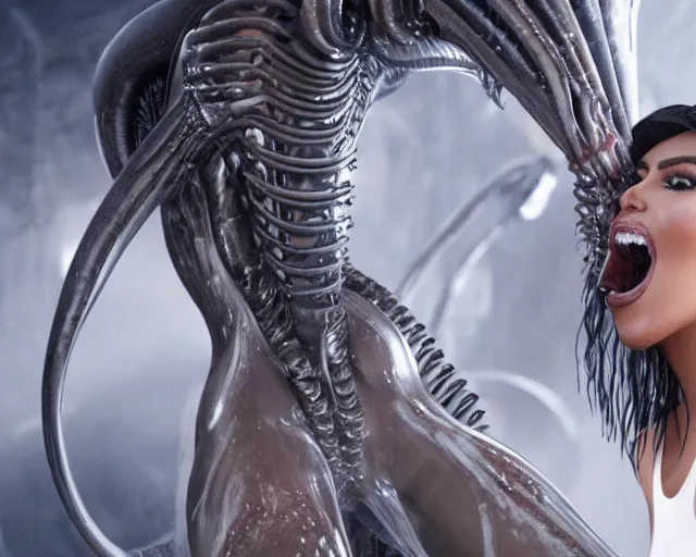 Image similar to film still of kim kardashian being licked by an xenomorph slathered in a transparent alien liquid, wet flowing hair, gooey skin, illustration, unreal engine 5, 8 k, directed by h. r. giger.