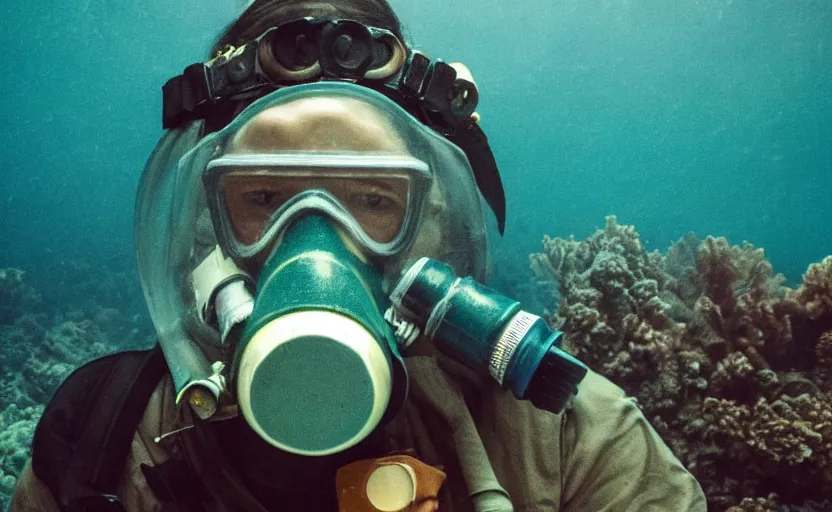 Image similar to person wearing a gas mask underwater