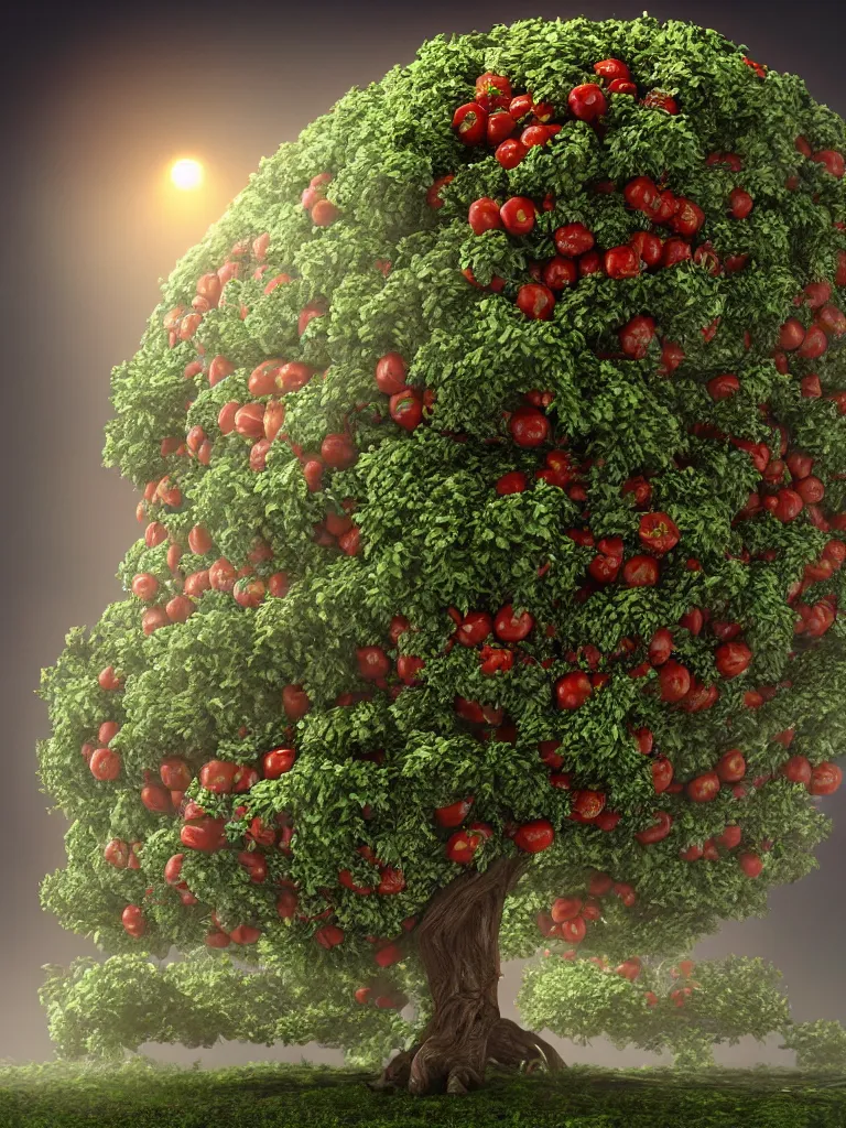 Image similar to highly detailed 3 d render of a mythical tree with sparse leaves of tomato, mozzarella, basil, hyper realistic octane render, cinematic lighting, deviantart, lowbrow, surrealism, pixar still