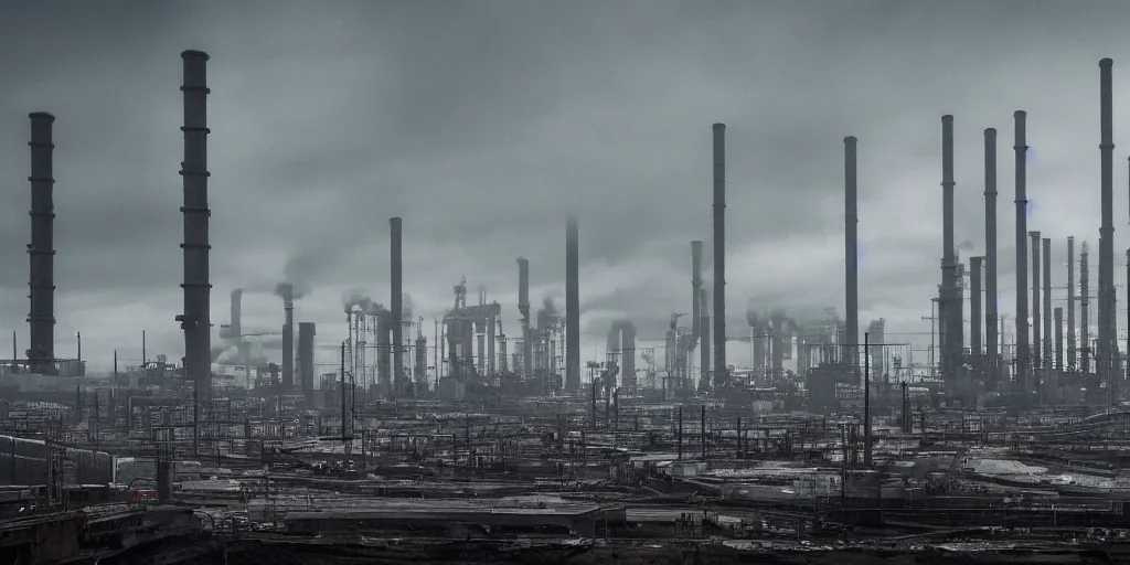 Image similar to industrial science-fiction landscape, huge mechanical towers, ground full of factories and pipes, under a dark cloudy sky, in the style of Blade Runner