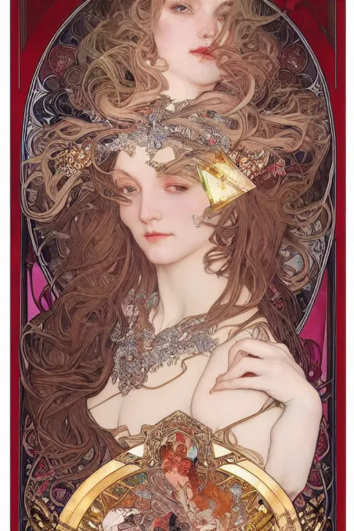 Prompt: realistic detailed face portrait of the Queen of Diamonds by Alphonse Mucha, Ayami Kojima, Amano, Charlie Bowater, Karol Bak, Greg Hildebrandt, Jean Delville, and Mark Brooks, Art Nouveau, Neo-Gothic, gothic, playing card suit diamonds, red diamonds, playing cards, rich deep moody colors