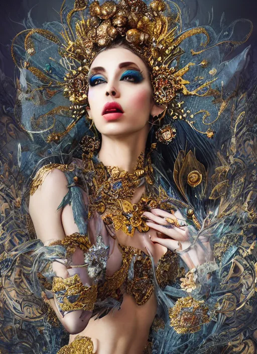 Image similar to expressive full body photo of a female model, ornate headpiece made from flowers, ornaments, glamour shot, by karol bak, by stefan gesell, photorealistic, canon r 3, fashion photography, hyper maximalist, elegant, ornate, luxury, elite, environmental portrait, symmetrical features, octane render, unreal engine, solid dark grey background, dramatic lights