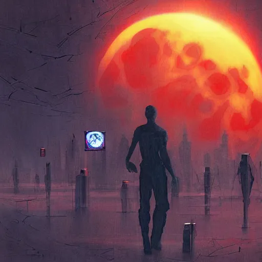 Image similar to surreal, nuclear blast and a full red moon eclipse, cyberpunk, art by bryen frost