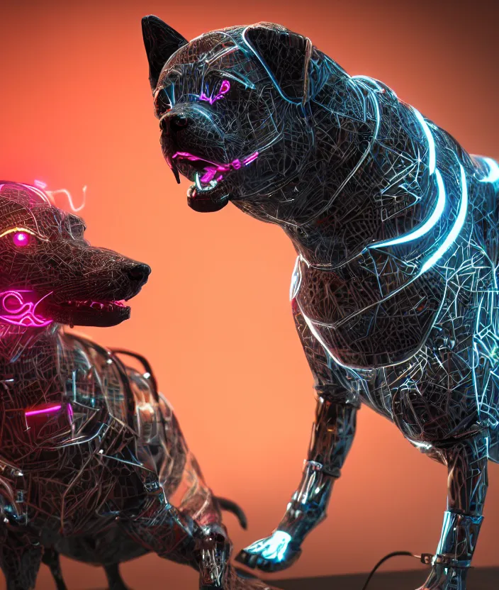 Prompt: japanese model cyborg dog with digital led skin, neon lighting, techno neon projector background, family photo, intricate details, ultra realistic, unreal engine 5, depth of field, bokeh, octane render