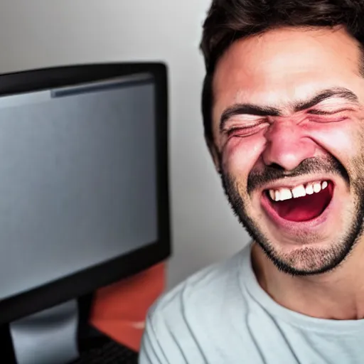 Prompt: a man with bloodshot eyes pointing at his computer screen and laughing