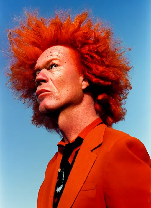 Image similar to photograph of carrot top, shot by helmut newton, nikon 3 5 mm, ektachrome film, golden hour, serious, dramatic