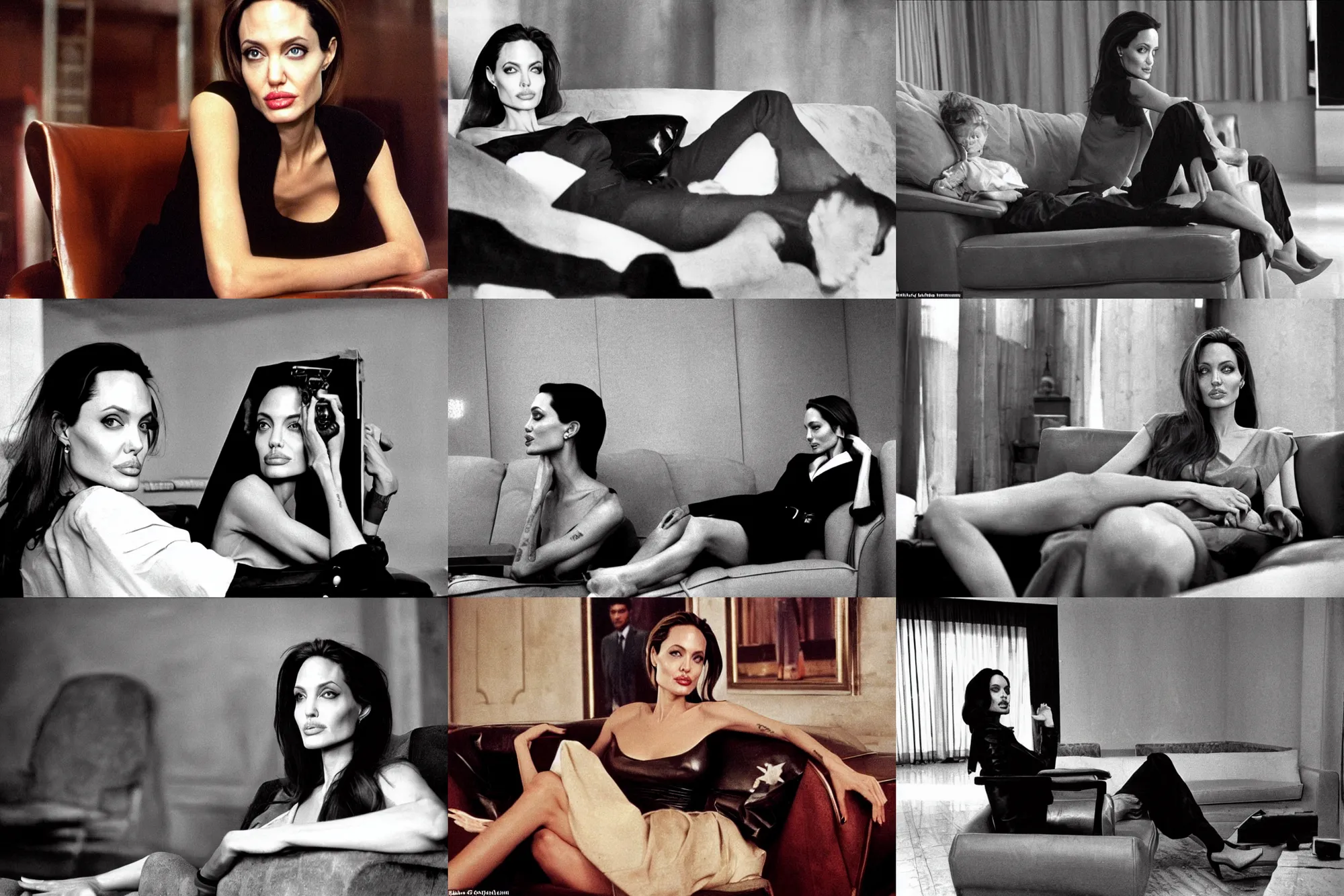 Prompt: angelina jolie lies in beautiful clothes sits on a leather armchair and watches tv, soviet interior, soviet photo 1 9 9 0 s