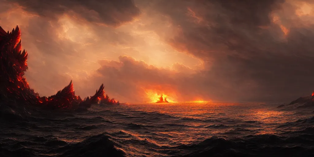 Image similar to matte painting,Epic scene, Fire Phoenix,sea,cloud,by greg rutkowski and Richard Lay,in volumetric lighting, Trending on artstation,HD