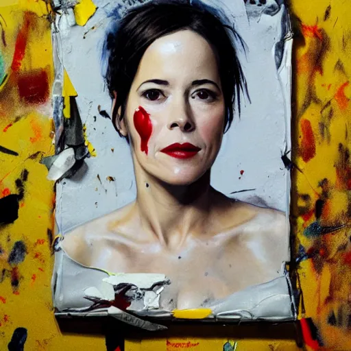 Image similar to hyperrealistic, photorealistic, mixed media oil painting of parker posey, magazine scraps, plaster, blood, oil, mustard, cigarettes, splatter, trending on artstation, award - winning painting, greg rutkowski, basquiat, ralph steadman, terry gilliam