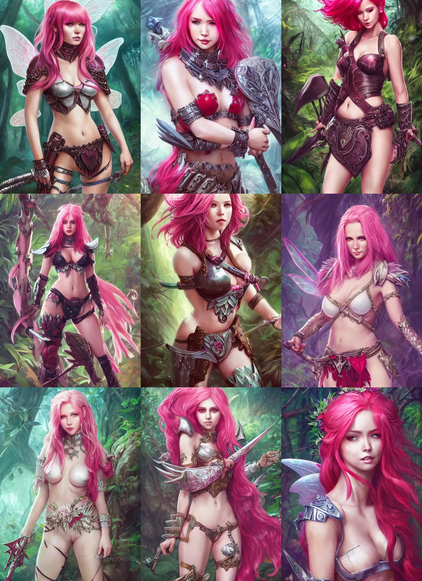 Prompt: full body portrait of beautiful fairy paladin in the jungle, pink hair, white skin, red eyes, ornamental red plate armor, badass, fight, high fantasy, dnd, highly detailed, smooth, sharp focus, digital illustration, by wlop, artgerm, rossdraws, card art