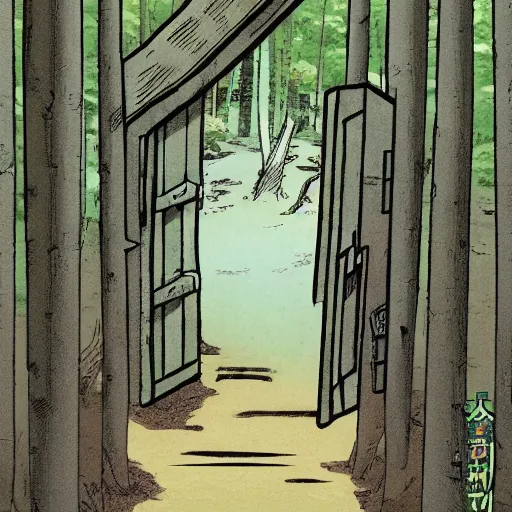 Prompt: A manga illustration of an open door in a forest, the door leads to a restaurant from another world