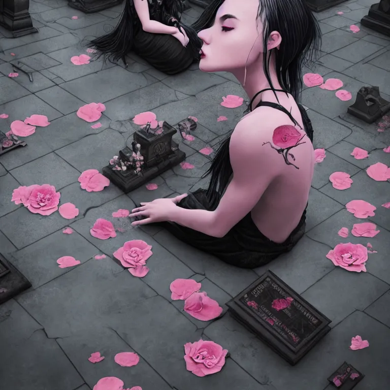 Image similar to cloudy cemetary with pink petals on the floor, goth woman sitting down, intricate details, complementary lighting, detailed face, backlighting, octane render, raytraced, depth of field, beautiful face, extremely detailed, trending in artstation, focus on face, sharp focus, radiant light, beautiful composition, yihao ren, zochi, zero - hour, jean paul fiction