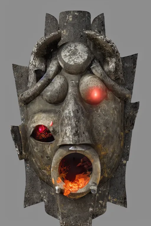 Image similar to an beautiful abstract ancient mask with wide open mouth, vomiting electric waste and trash, hyper-realistic environment, Epic concept art