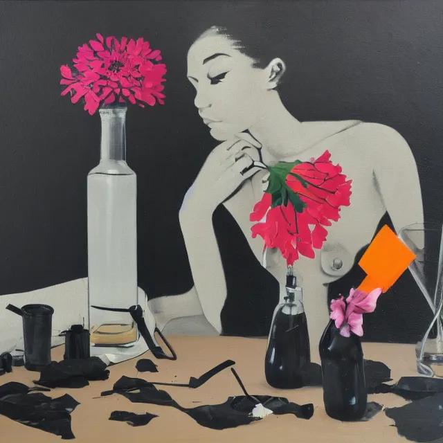 Image similar to empty room with black walls, sensual portrait of a female pathologist, broken vase, spilled flowers, puddle of water, octopus, squashed berries, neo - expressionism, surrealism, acrylic and spray paint and oilstick on canvas