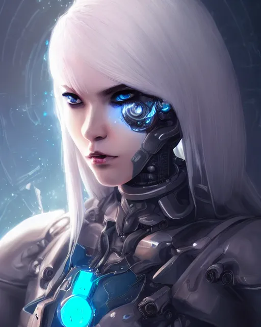 Image similar to holy cyborg necromancer girl, elegant, perfect face, scifi, futuristic, utopia, garden, illustration, atmosphere, warframe, blue eyes, white hair, artstation, nier automata, highly detailed, art by yuhong ding and chengwei pan and serafleur and ina wong