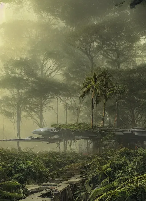 Image similar to aircraft carrier USS Nimitz overgrown with vegetation laying on the ground of a tropical forest, post appocalyptic, by Luis Royo, by Greg Rutkowski, dark, gritty, intricate, cover illustration, concept art, volumetric lighting, volumetric atmosphere, sharp focus, octane render, trending on artstation, 8k