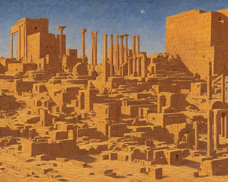 Prompt: an ancient roman city in the middle of the Saharan desert. intricate, vibrant, blowing sands, Raphael, Hasui Kwase, Rene Margritte, John Martin.