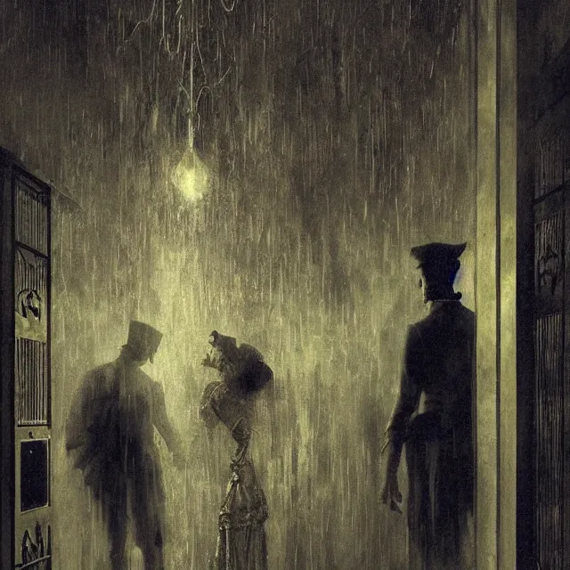 Image similar to ultra - realistic painting gothic 1 9 2 0 s hotel elevator opening up to a horrifying cosmic sky, atmospheric lighting, gloomy, foreboding, by carl spitzweg, ismail inceoglu, vdragan bibin, hans thoma, greg rutkowski, alexandros pyromallis, perfect face, fine details, realistic shadeing